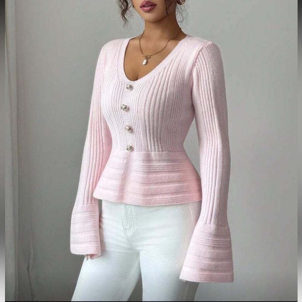 Pink Ribbed Button-Up Sweater - Picture 4 of 15